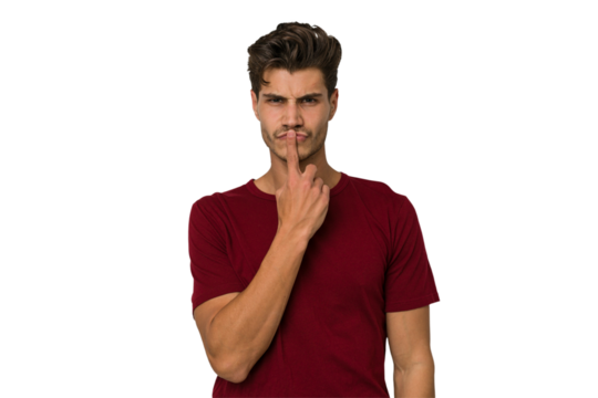 Young handsome caucasian man isolated on white background thinking and looking up, being reflective, contemplating, having a fantasy. - Powered by Adobe