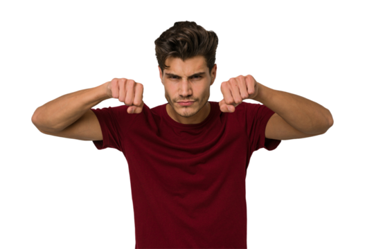 Young handsome caucasian man isolated on white background throwing a punch, anger, fighting due to an argument, boxing.