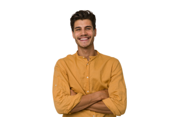 Young handsome caucasian man isolated on white background who feels confident, crossing arms with determination.