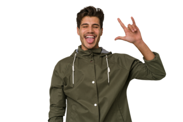 Young handsome caucasian man isolated on white background showing rock gesture with fingers