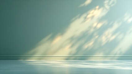 Fototapeta premium Teal wall with dappled sunlight and shadow, creating a serene and airy atmosphere for product placement