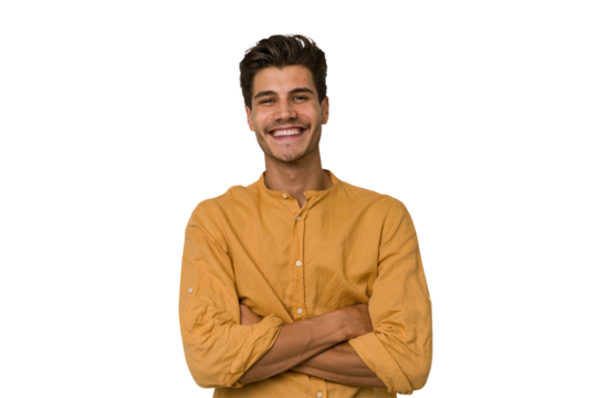 Young handsome caucasian man isolated on white background who feels confident, crossing arms with determination.
