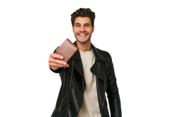 Young caucasian man holding a leather wallet isolated