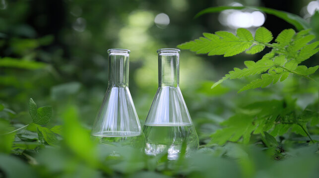 Vibrant greens of nature, a beaker and flask stand among the precision of scientific research.