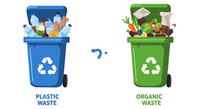 Two Recycling Bins: Blue for Plastic Waste and Green for Organic Waste.