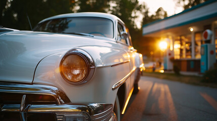Fototapeta premium Vintage car parked beside old gas station at sunset, chrome details gleaming, nostalgia road trip, retro automotive design, freedom and heritage, cinematic travel vibe, timeless el