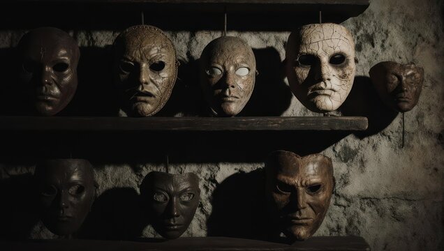 Eerie Collection of Masks Hanging on Shelves in Dark Room.