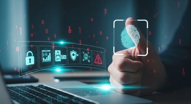 Biometric Fingerprint Authentication Stock Photo — Holographic Fingerprint & Cybersecurity Icons