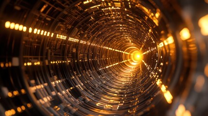 An abstract futuristic gold glowing light science spaceship tunnel corridor with glowing lights as a wallpaper background 3d rendering.