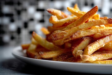 Detailed close-up photography of a delicious french fries on a porcelain platter in ceramic mosaic background