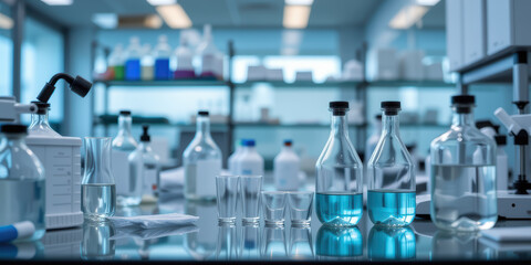 Clean laboratory glassware reflective bench with clear liquids and blue solution, clinical sterile research environment