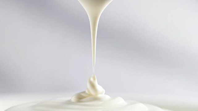 Macro abstract motion of sour cream dripping, viscous liquid ebbing slowly away