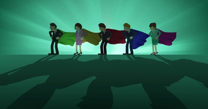 Diverse team of business superheroes standing together with capes in a teal colored background with dramatic lighting and long shadows