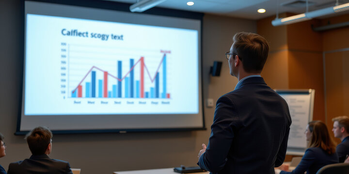 Business presentation projector screen displaying bar chart and line graph with presenter and audience