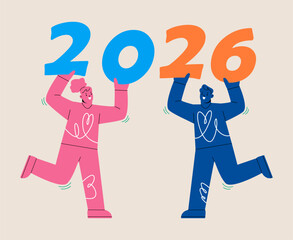 Woman and man holding figures of 2026. Celebrate new year concept. Colorful vector illustration