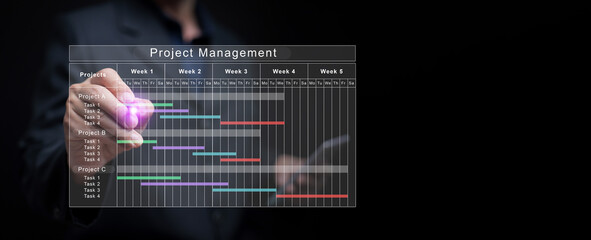 A businessman using a virtual Gantt chart interface for project management, planning, and scheduling tasks to improve productivity and workflow efficiency in business environment.