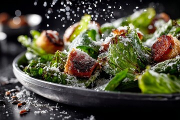 Highly detailed close-up photography of a delicious caesar salad on a metal tray while standing against dark background