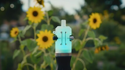 Luminous device with blue glow stands out against a blurred sunflower backdrop - Powered by Adobe