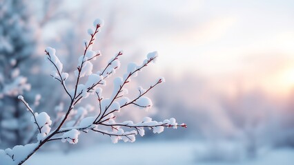 Snowcovered tree branch with soft bokeh background during sunrise or sunset