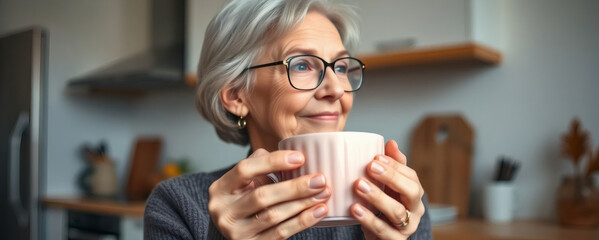 Senior woman enjoying warm beverage in cozy kitchen setting during morning hours