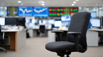 Empty chair at trading desk surrounded by glowing screens displaying financial data and stock market trends, creating sense of anticipation and focus