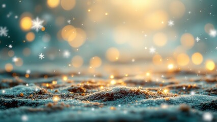 Magical winter scene with falling snowflakes and glowing golden bokeh lights on a frosty surface