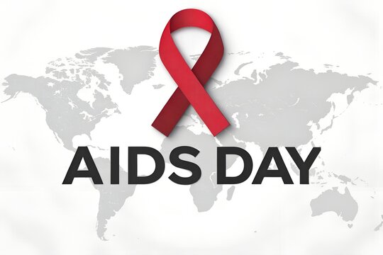 Red ribbon symbol of aids awareness and prevention campaign against the backdrop of a world map with the text aids day