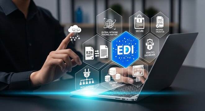 EDI Integration Concept &mdash; Prominent EDI Tile with Cloud, API and Secure Transfer Icons