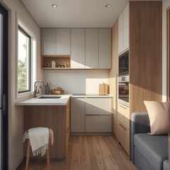 Fototapeta premium Tiny house kitchen with foldable counter and innovative smart storage design