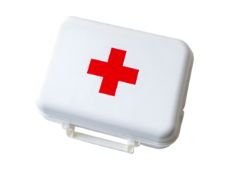 Compact white first aid kit with a prominent red cross symbol on a dark background