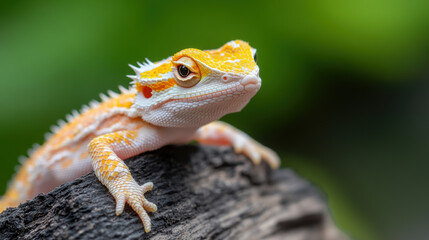 Obraz premium Exotic reptile with vibrant orange and yellow coloration resting on textured surface, showcasing intricate details and curious expression, surrounded by lush green background