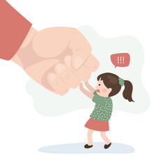 Giant fist threatens small girl. Protect child from danger stop domestic violence and aggression. Little kid against abuse, bullying, harassment.