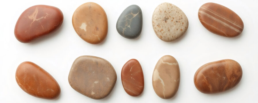 Collection of smooth natural stones on a light background showcasing unique textures and colors