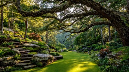 Scenic garden landscape with lush greenery and natural pathways under sunlight
