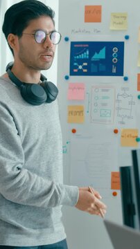 Vertical Screen : Group adult Asia male female software developers mentor leader manager talk strategy plan executive write prompt AI bot app nomad, video game, data center. Whiteboard slideshow code.