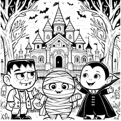 Halloween coloring book illustration set