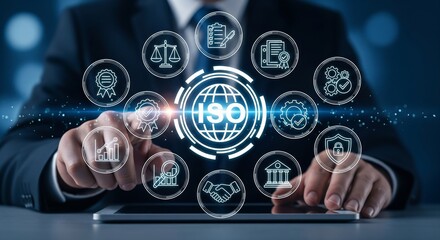 ISO Certification Holographic Emblem Over Tablet — Quality Management & Compliance