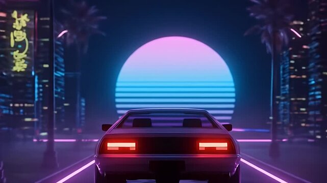 Retro Car Drives Through Neon Cityscape At Sunset