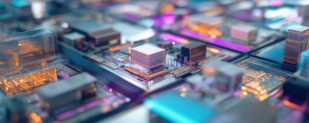 Obraz premium A vibrant close-up of a circuit board featuring intricate components, illuminated by colorful lighting, showcasing technology and innovation.
