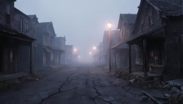 Eerie Fog Shrouds a Deserted Western Town Street.