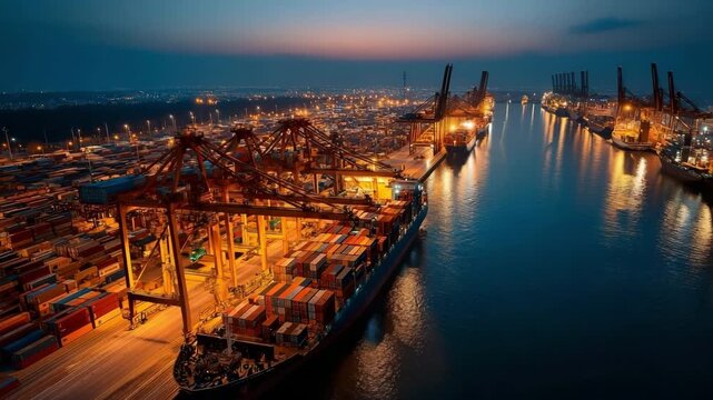 Industrial cargo container port loading and unloading in a nighttime aerial view hyperlapse of a container cargo ship international port terminal with gantry crane