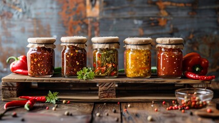  Collection of assorted herbal oils and spices in glass jars with twine on rustic wood background in a cozy kitchen setting.
