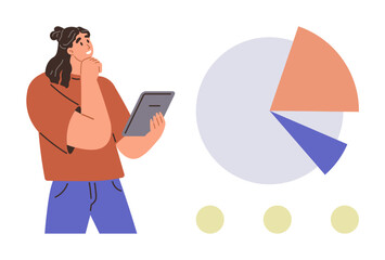 Thoughtful woman holding tablet, studying data alongside a colorful pie chart. Ideal for business, analytics, planning, strategy, education, marketing research. Simple flat metaphor