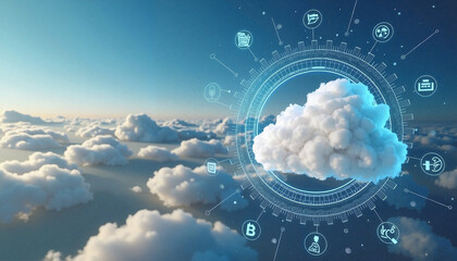 Digital cloud symbol surrounded by icons in blue sky with clouds representing cloud technology
