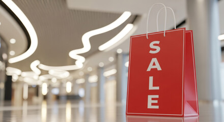Black shopping bag with bold white SALE text stands prominently in a modern shopping mall, showcasing the excitement of Black Friday sale shopping and consumerism