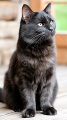 Black cat seated calmly on a wooden floor with a cozy background during daytime in a rustic setting