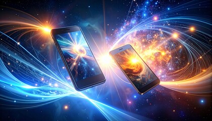 Abstract mobile data transfer — energy streams between floating phones, glowing plasma lines, infinite connections, cosmic background”