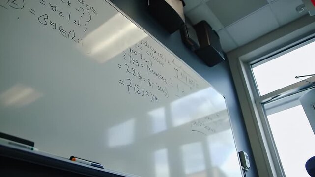 Angle-shot of a whiteboard covered with mathematical equations and formulas in a room