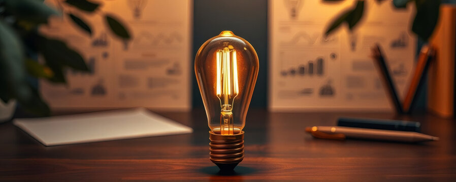 Unique light bulb illuminating a workspace with charts and notes in the background during evening hours