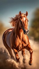 Obraz premium Majestic chestnut colored horse running freely with power and strength through rural landscapes.